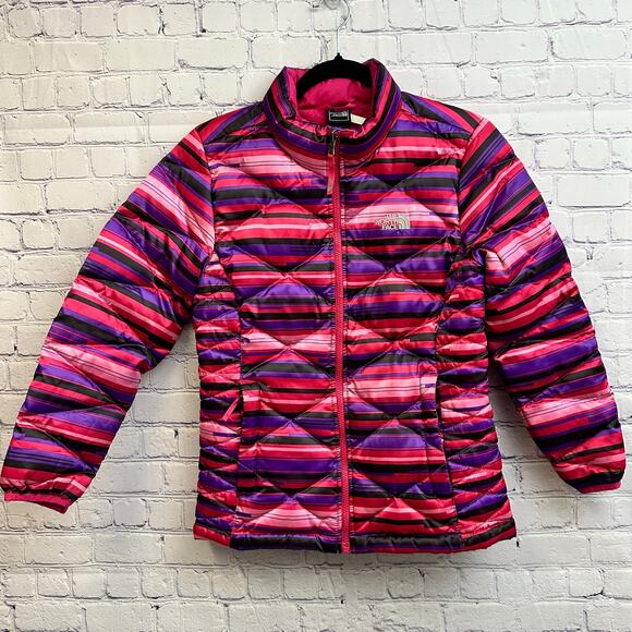 The North Face Girls 550 Down Puffer Coat Size Large 14/16 Pink Purple Stripes - Picture 1 of 12